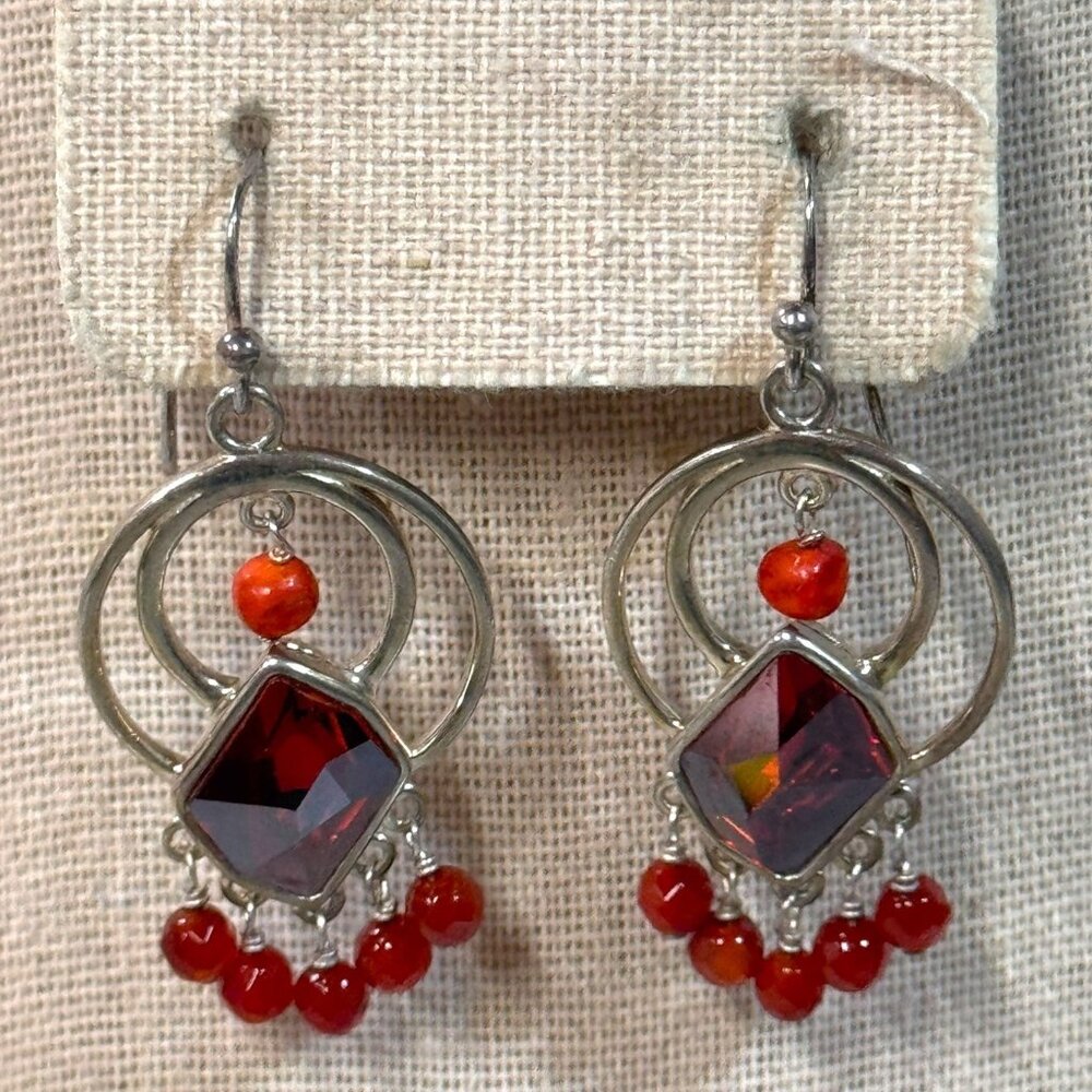 Sterling Silver Dangle Earrings Garnet Red Gemstones & Beads Chandelier Boho